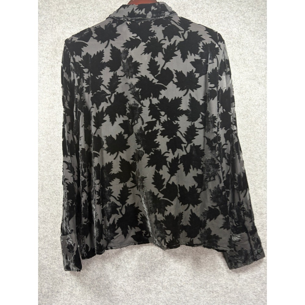 Vintage Express Silk Blend Velvet Burnout‎ Leaf Blouse Black Grey Large Devore - Picture 9 of 10